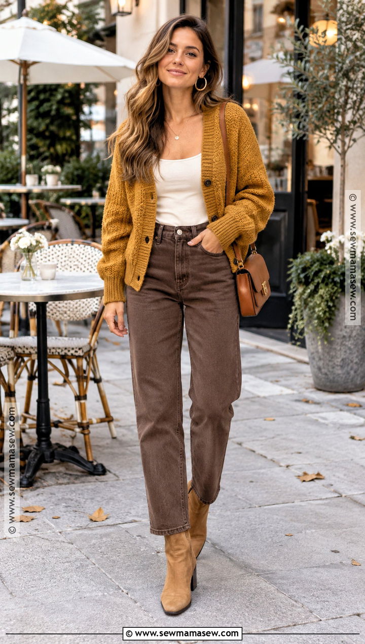 Warm Autumn Mustard Cardigan And Brown Jeans Outfit - 25 warm autumn color palette outfits