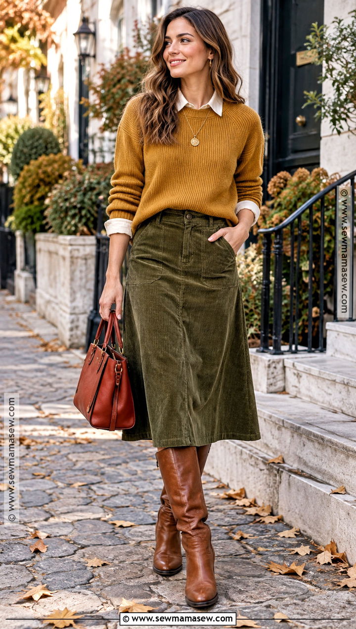 Warm Autumn Mustard Sweater And Olive Skirt Outfit - 25 warm autumn color palette outfits
