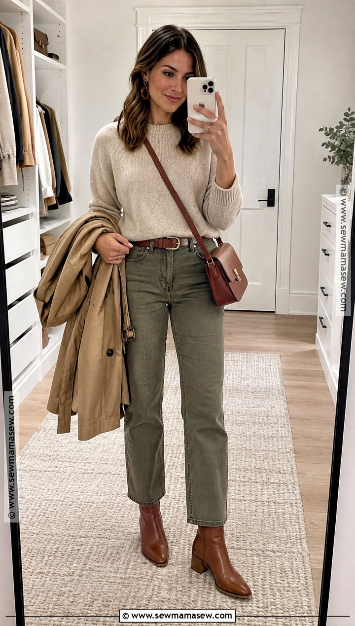 Warm Autumn Oatmeal Sweater And Olive Jeans Outfit - 25 warm autumn outfits capsule wardrobe