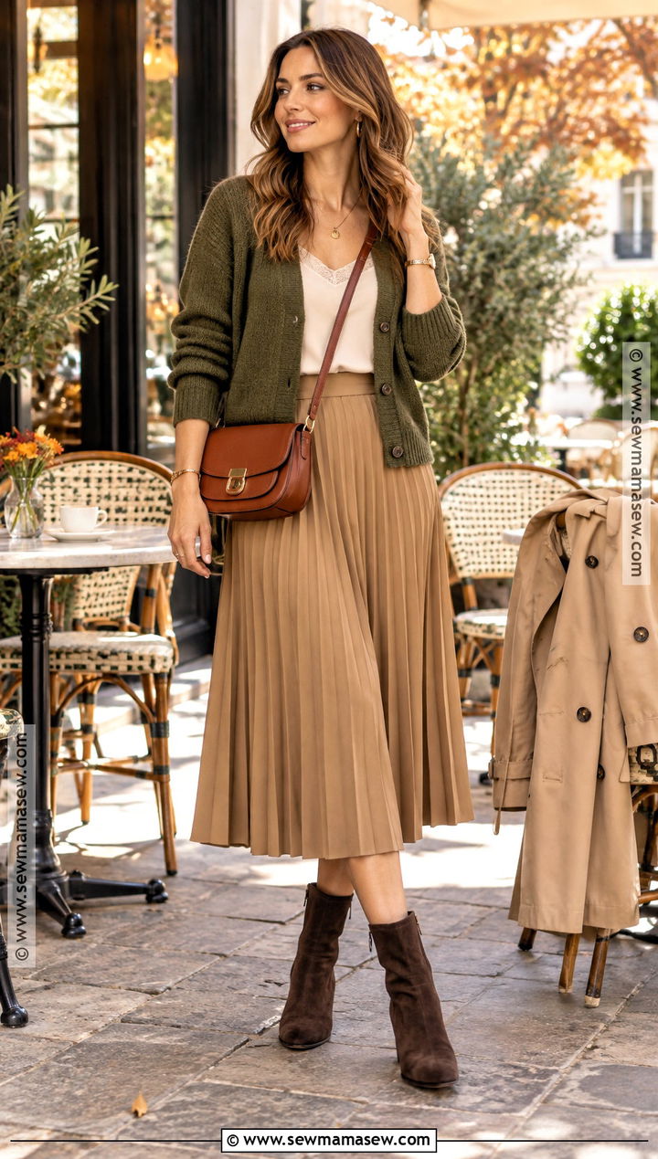 Warm Autumn Olive Cardigan And Camel Skirt Outfit - 25 warm autumn outfits capsule wardrobe