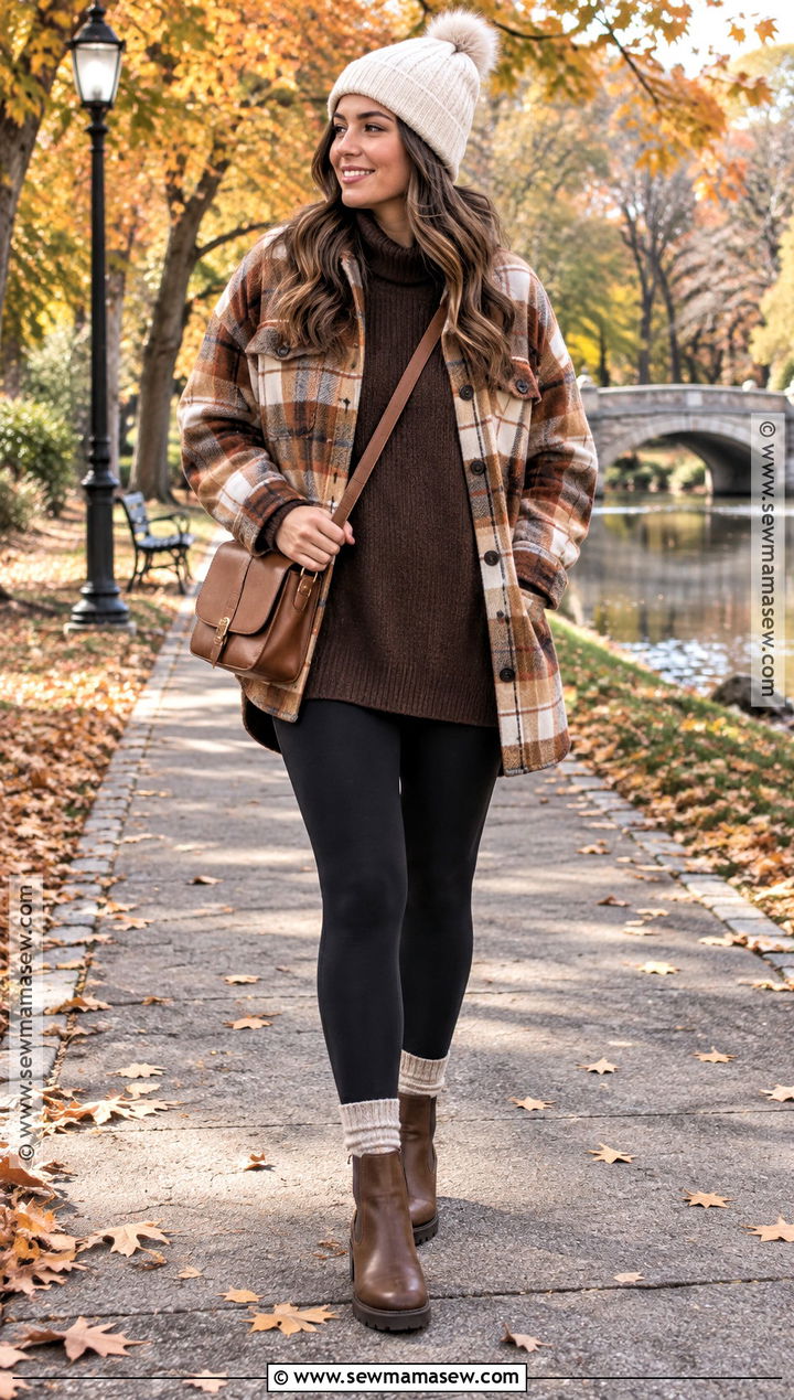 Warm Autumn Plaid Shacket And Leggings Outfit - 20 warm autumn fashion ideas