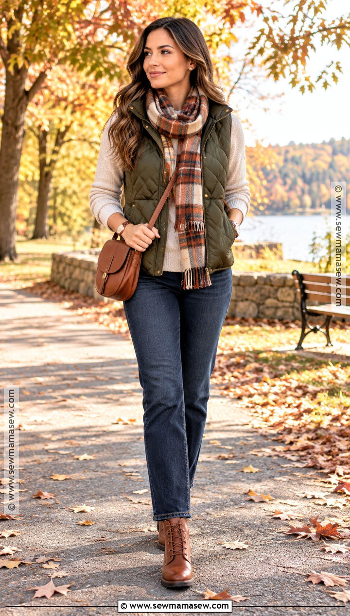 Warm Autumn Quilted Vest And Jeans Outfit - 25 warm autumn outfits capsule wardrobe