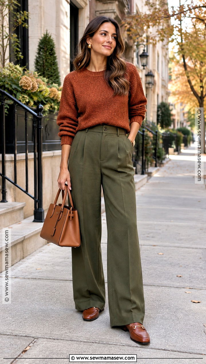 Warm Autumn Rust Sweater And Olive Trousers Outfit - 25 warm autumn color palette outfits