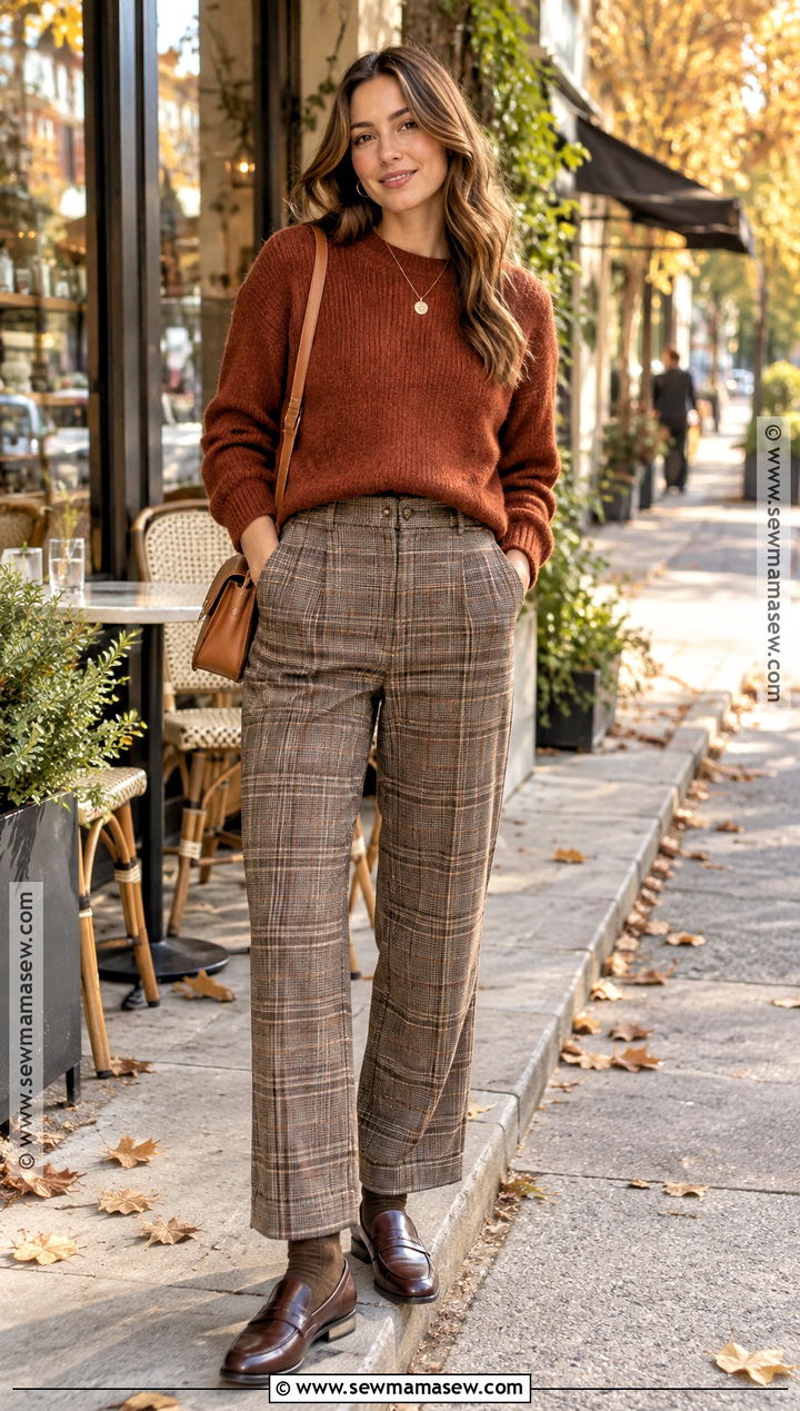 Warm Autumn Rust Sweater And Plaid Trousers Outfit - 20 warm autumn fashion ideas