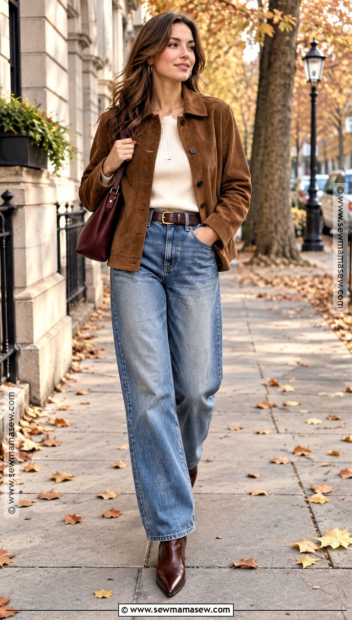 Warm Autumn Suede Jacket And Baggy Jeans Outfit - 20 warm autumn fashion ideas