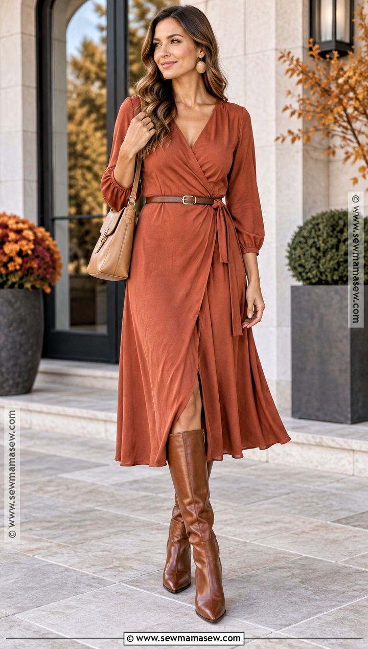 Warm Autumn Terracotta Dress And Cognac Boots Outfit - 25 warm autumn color palette outfits