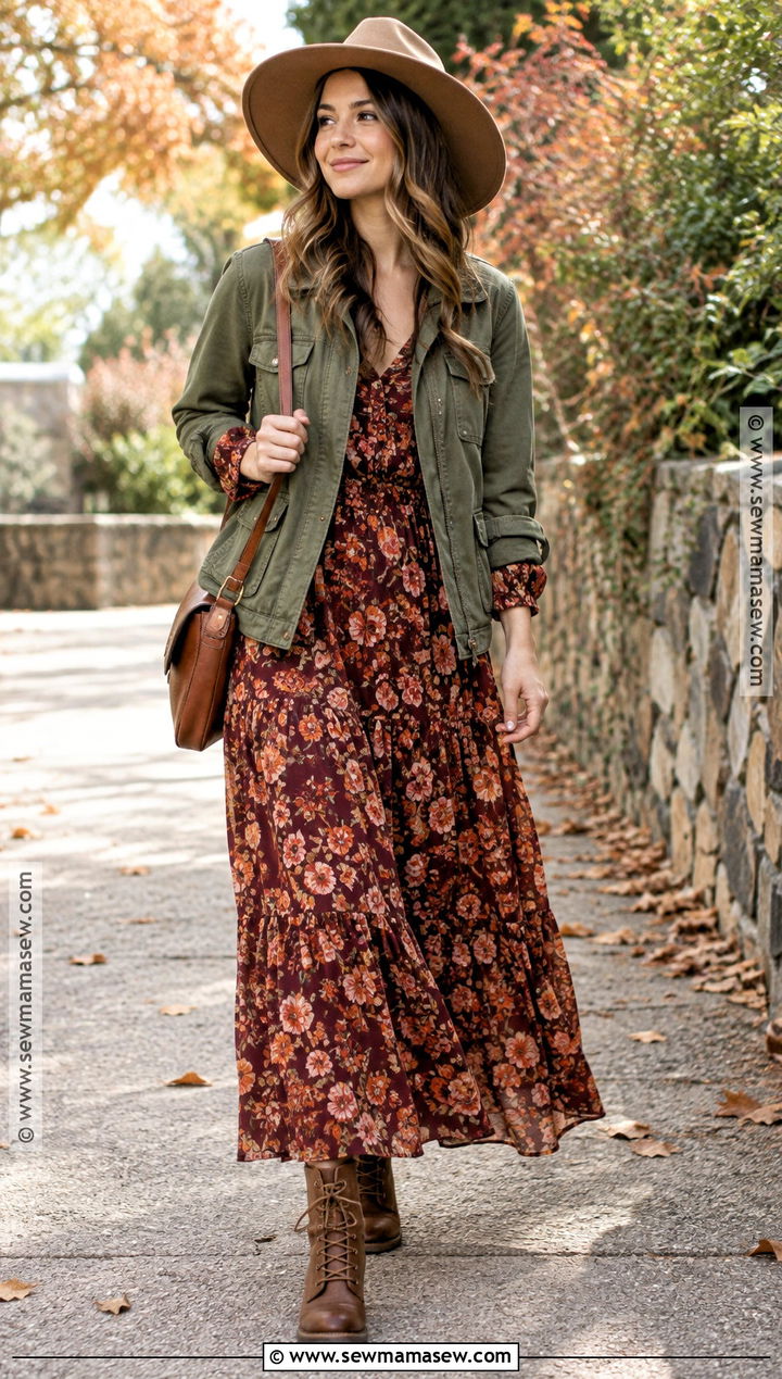 Warm Autumn Utility Jacket And Floral Maxi Dress Outfit - 20 warm autumn fashion ideas