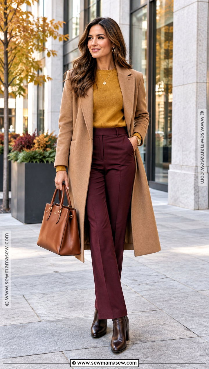 Warm Burgundy Mustard and Camel Autumn Outfit - 20 warm autumn outfits color palettes
