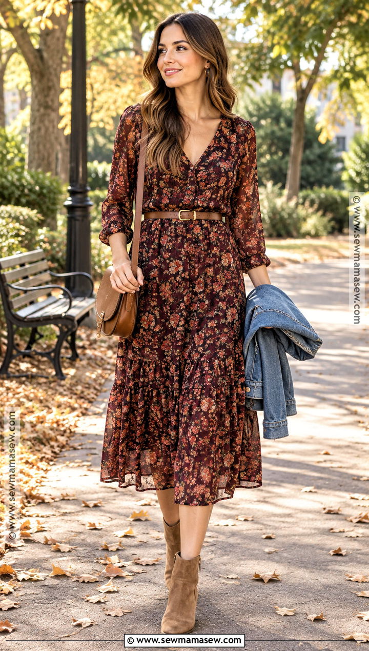 Warm Fall Day Outfit With A Floral Dress And Ankle Boots - 15 Cute Outfits For A Warm Fall Day