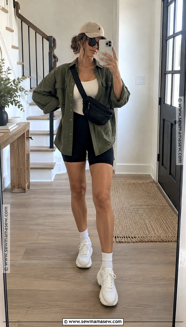 Warm Fall Day Outfit With An Oversized Shirt And Biker Shorts - 15 Cute Outfits For A Warm Fall Day