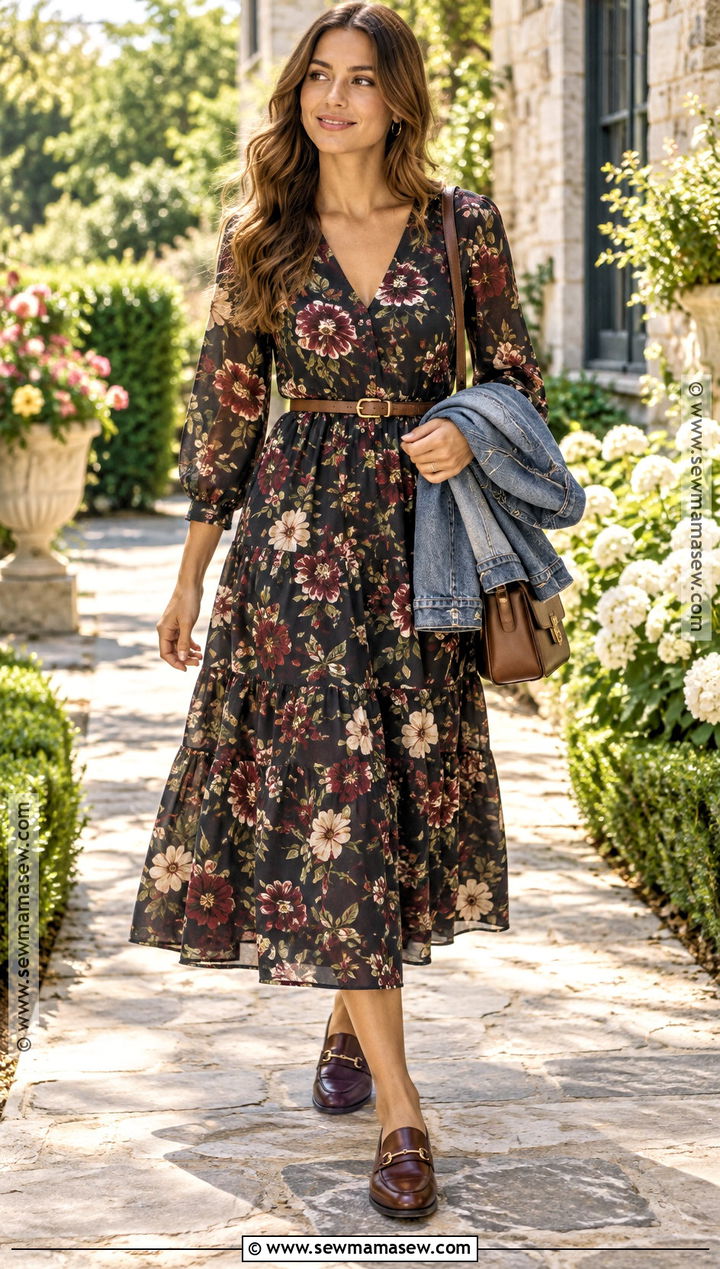 Warm Fall Day Outfit With a Floral Midi Dress and Loafers - 25 warm fall day outfit ideas