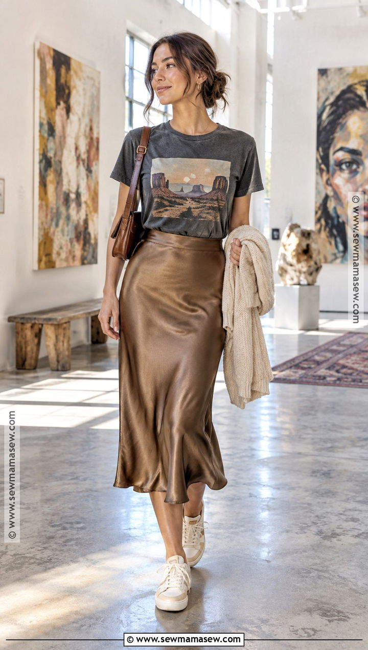 Warm Fall Day Outfit With a Graphic T Shirt and Slip Skirt - 25 warm fall day outfit ideas