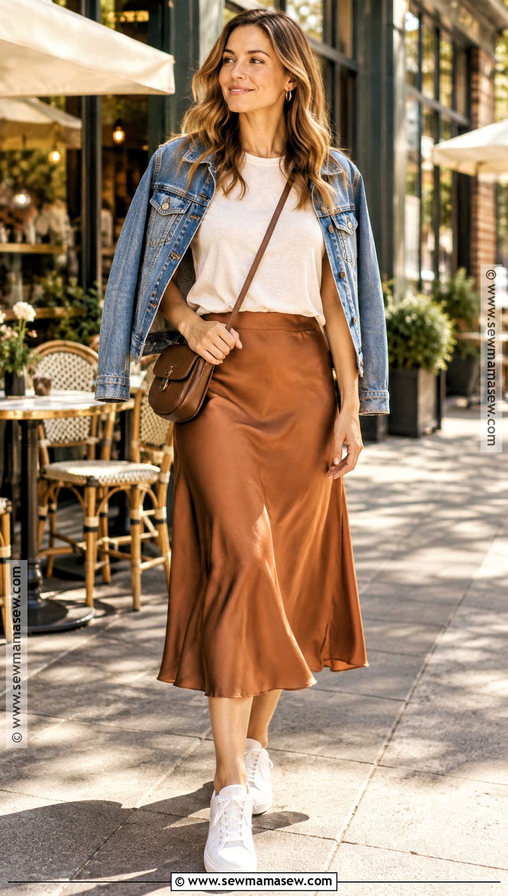 Warm Fall Day T Shirt And Satin Midi Skirt Outfit - 25 warm fall day outfit casual ideas