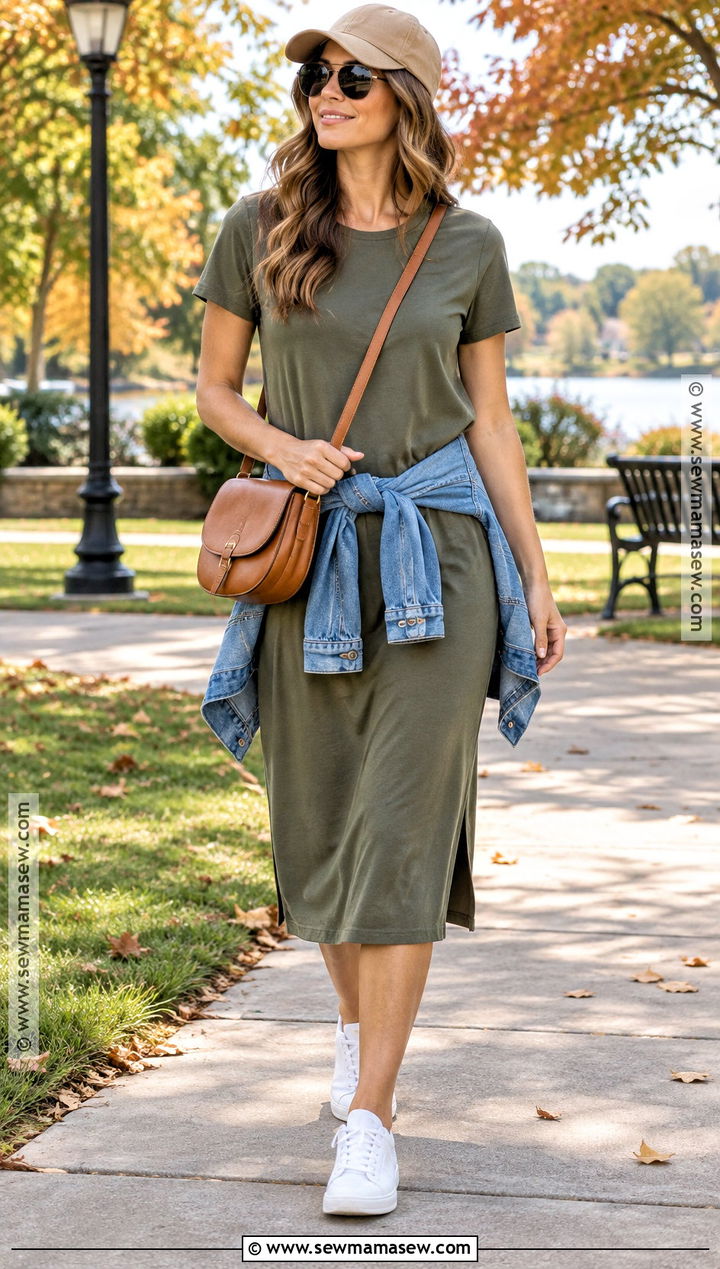 Warm Fall Day T Shirt Dress And Denim Jacket Outfit - 25 warm fall day outfit casual ideas
