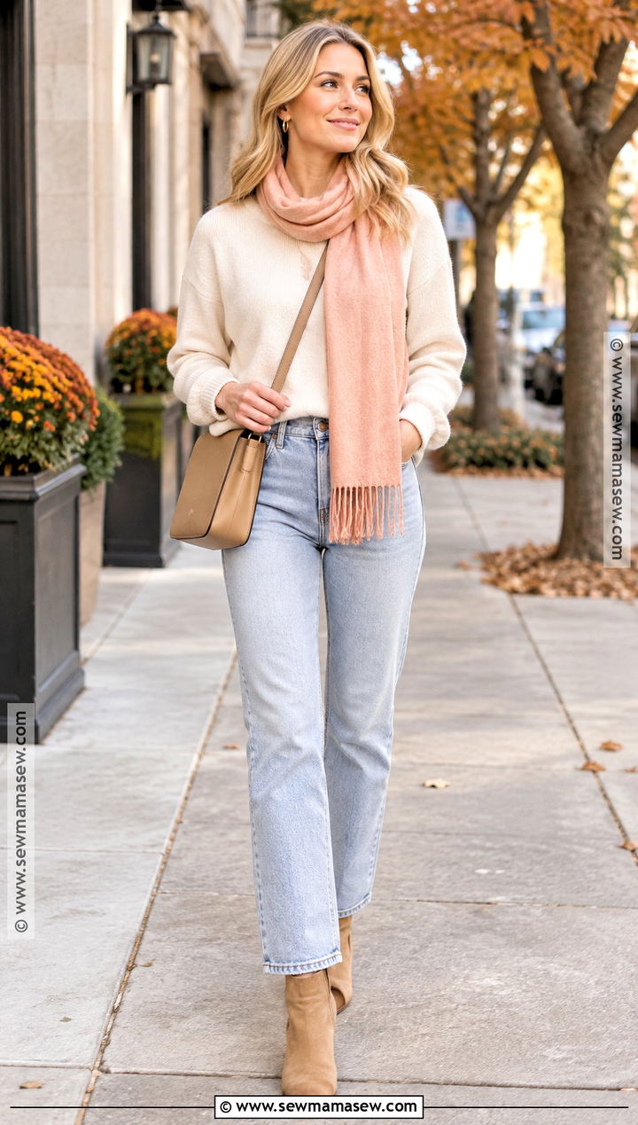 Warm Ivory Sweater and Light Wash Jeans Outfit - 15 Light Spring Color Palette Outfits Capsule Wardrobe Fall