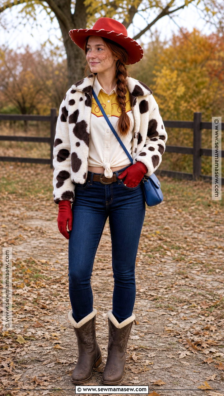 Warm Jessie Costume With Cow Print Jacket - 30 jessie toy story halloween costume ideas