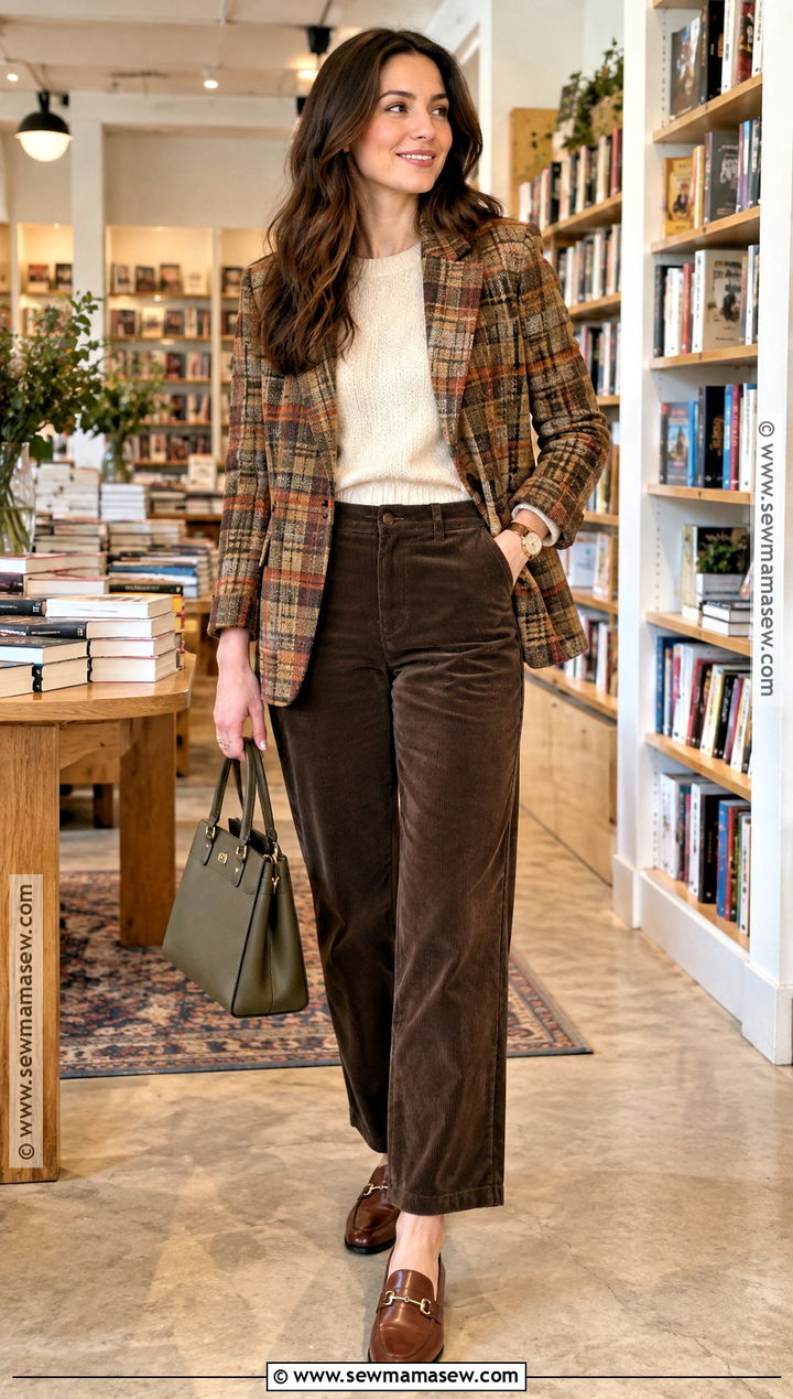 Warm Plaid Blazer And Corduroy Pants Outfit - 25 warm autumn color palette outfit ideas