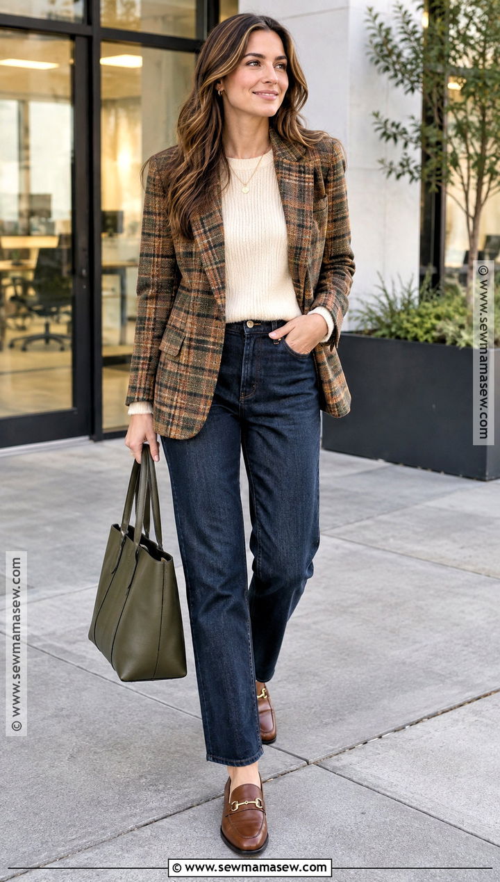 Warm Plaid Blazer And Straight Jeans Autumn Outfit - 20 Hoc Autumn Outfits