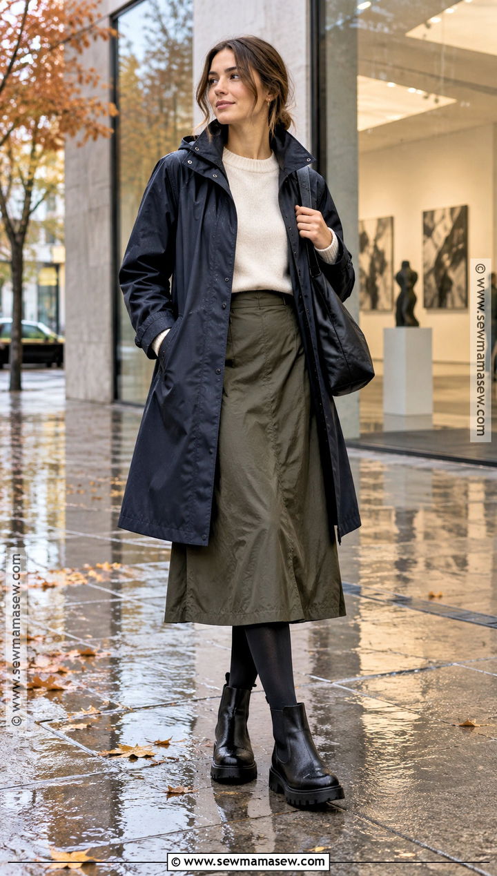 Waterproof Car Coat With Knit Top And Nylon Midi Skirt - 15 fall outfits for rainy days