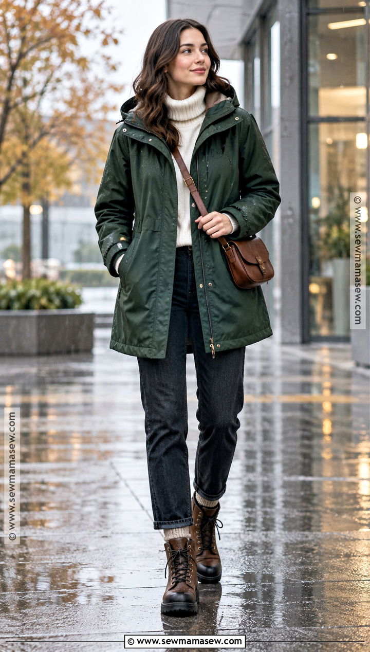 Waterproof Parka Sweater And Straight Jeans Outfit - 25 autumn rainy day outfit ideas