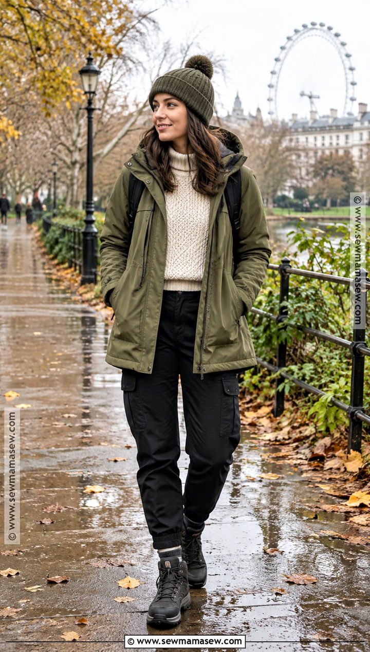 Waterproof Parka With Knit And Cargo Trousers - 20 November London Outfit Ideas