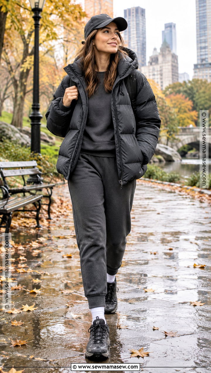 Waterproof Puffer And Joggers Rainy Fall Outfit - 20 fall outfits rainy day