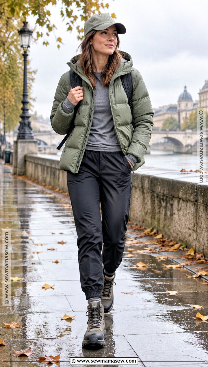 Waterproof Puffer Joggers And Chunky Boots Outfit - 25 autumn rainy day outfit ideas