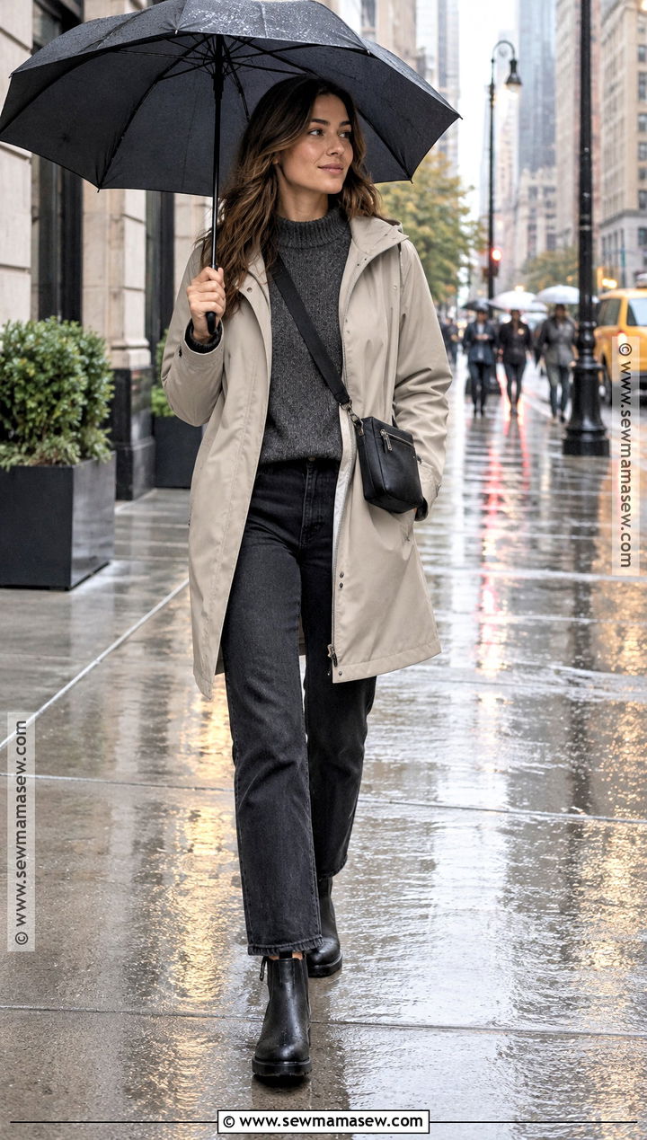 Waterproof Raincoat With Dark Jeans and Boots - 20 New York October Outfit Ideas