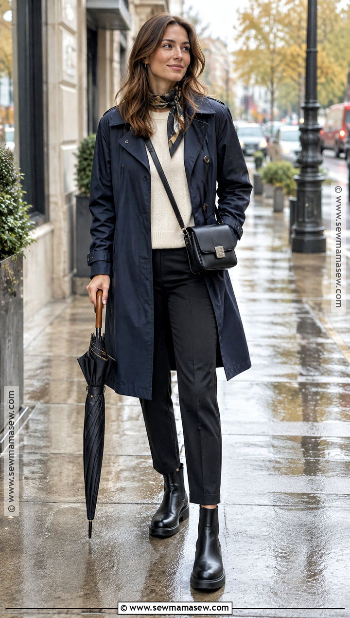 Waterproof Trench Coat With Knit Layers And Rain Boots - 15 trench coat outfit 2026 fall ideas