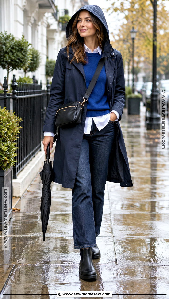 Waterproof Trench Coat With Knit Layers And Rain Boots - 15 fall trench coat outfit ideas