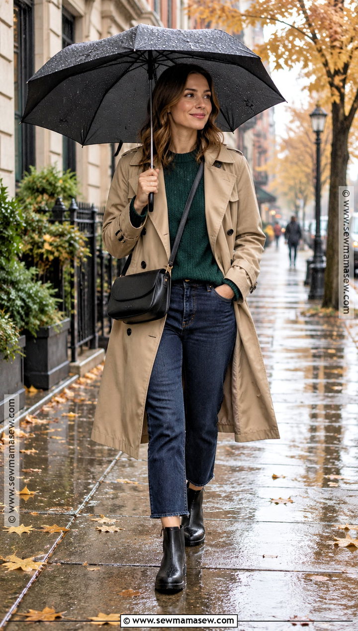 Waterproof Trench Coat With Sweater Jeans And Rain Boots - 15 fall trenchcoat outfit ideas