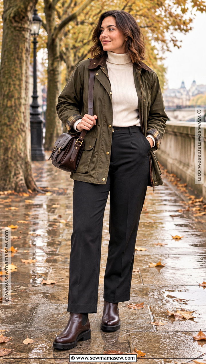 Waxed Barn Jacket With Turtleneck And Straight Leg Trousers - 15 fall outfits for rainy days