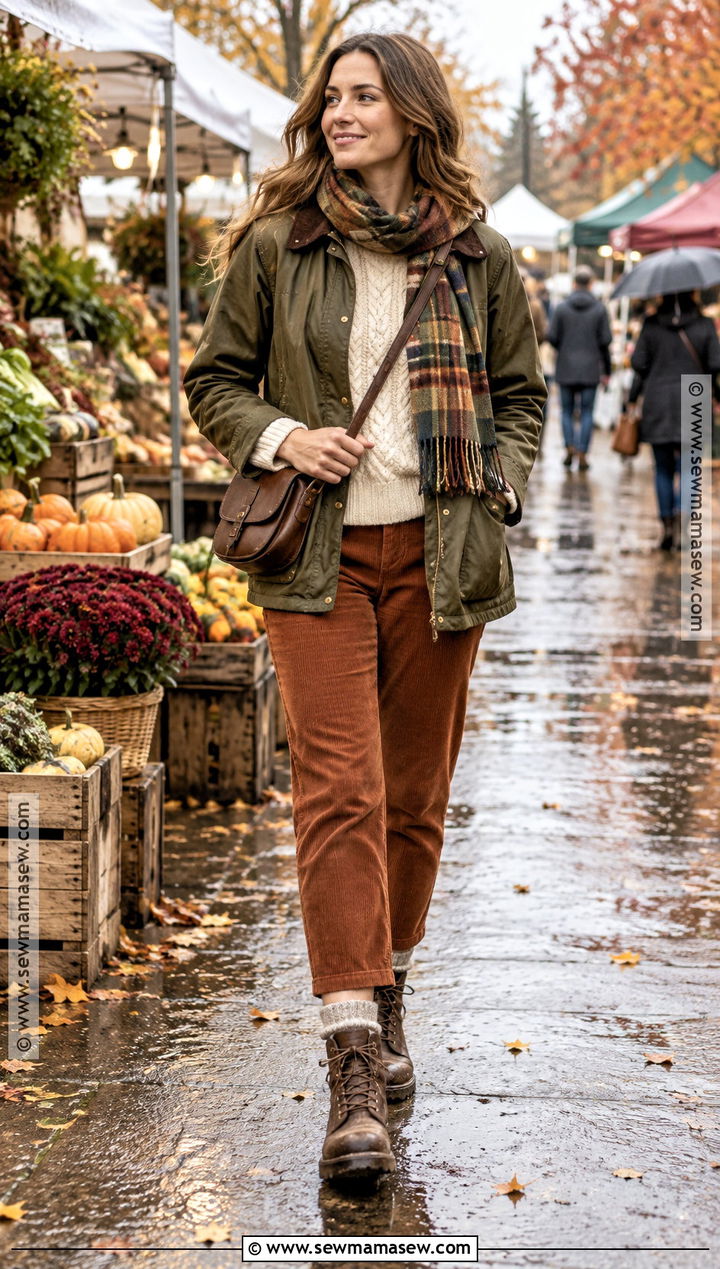 Waxed Jacket And Corduroy Pants Fall Outfit - 20 fall outfits rainy day