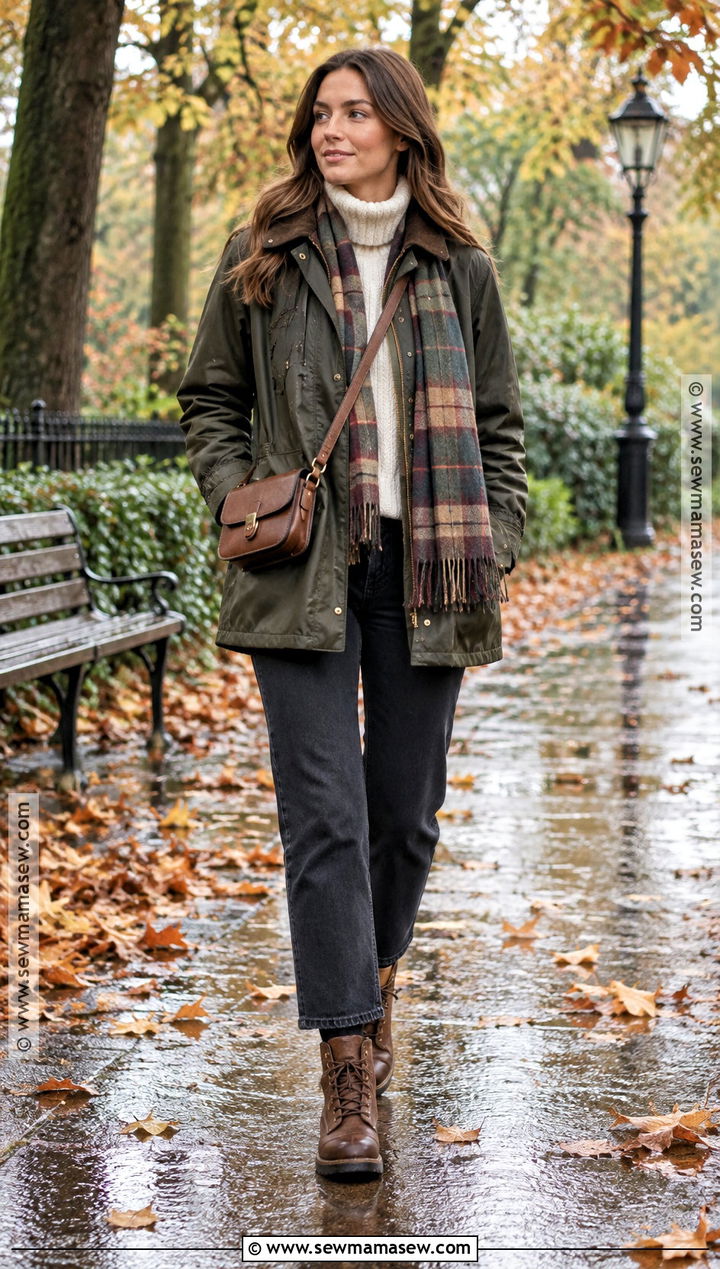 Waxed Jacket Turtleneck Jeans And Lace Up Boots Outfit - 25 autumn rainy day outfit ideas
