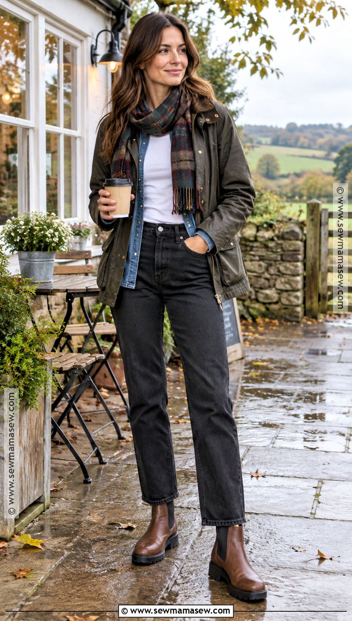 Waxed Jacket With Denim Shirt And Black Jeans - 15 comfy rainy day outfit fall ideas