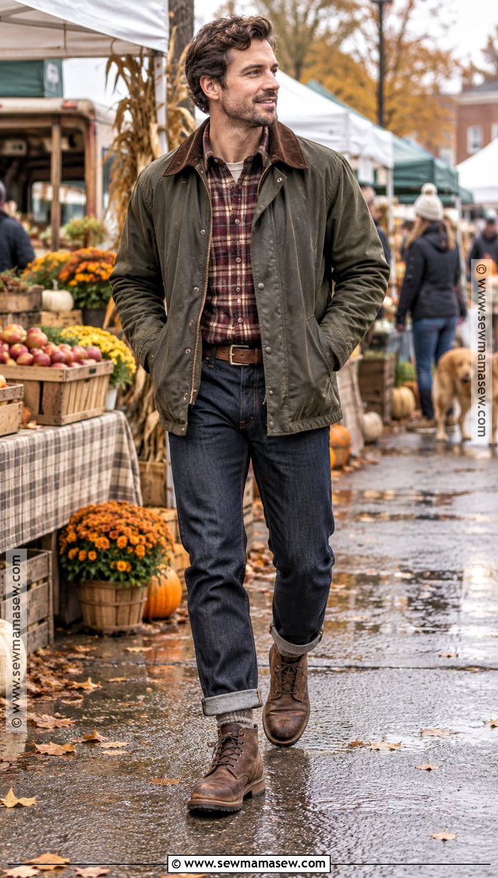 Waxed Jacket With Flannel And Dark Jeans - 25 fall fits for men