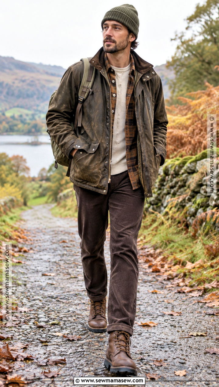 Waxed Jacket With Flannel Shirt And Brown Jeans - 20 Mens Casual Fall Outfits