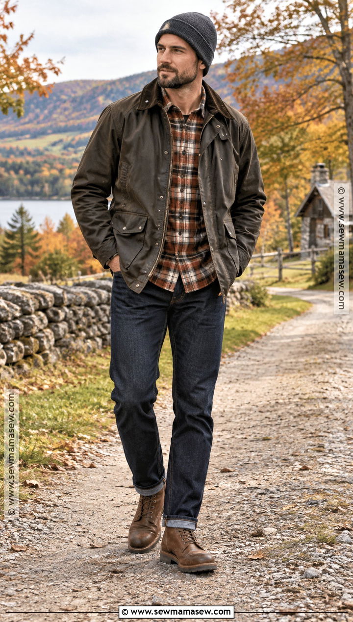 Waxed Jacket With Flannel Shirt and Jeans - 15 fall jackets outfit for men