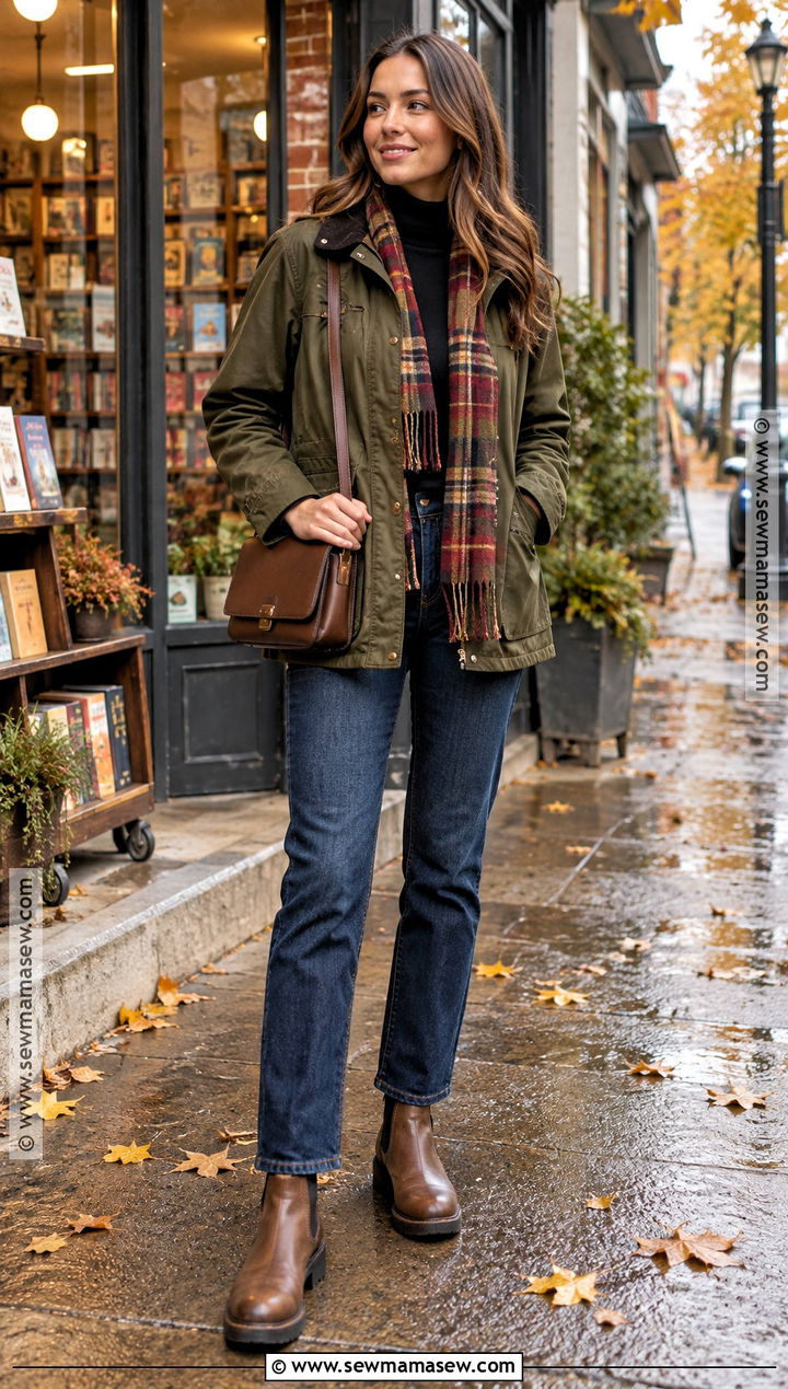 Waxed Jacket With Turtleneck And Dark Jeans - 15 cozy fall outfits casual rainy day