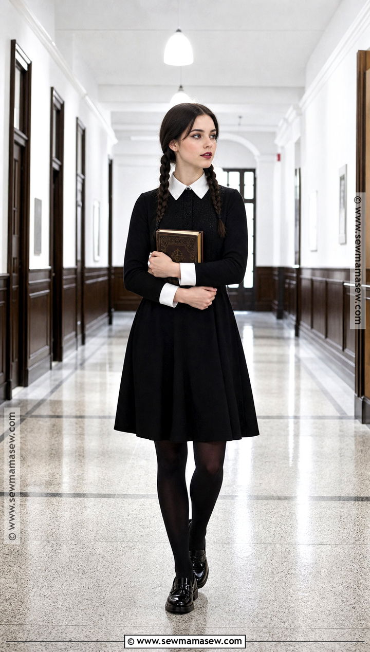 Wednesday Addams Costume With Black Dress - 45 women halloween costume ideas