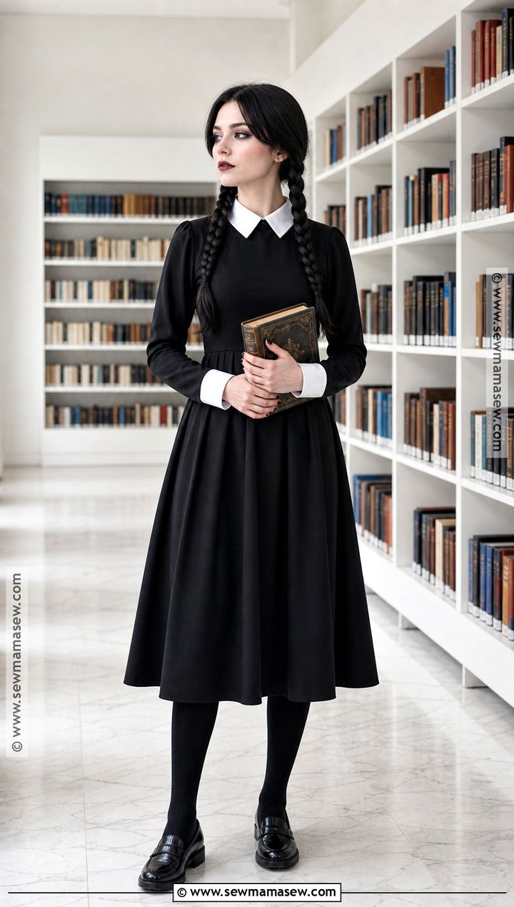 Wednesday Addams Costume With Black Midi Dress - 40 Modest Halloween Costumes