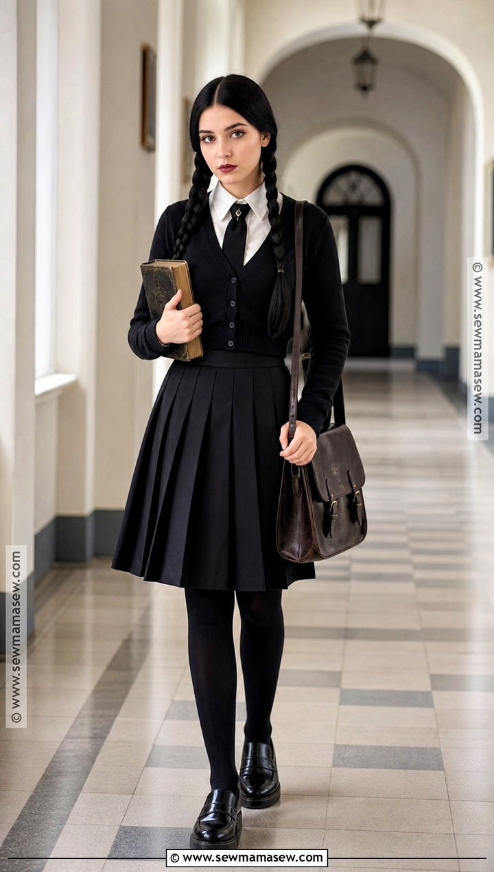 Wednesday Addams Costume With Black Pleated Skirt - 30 halloween costumes black skirt