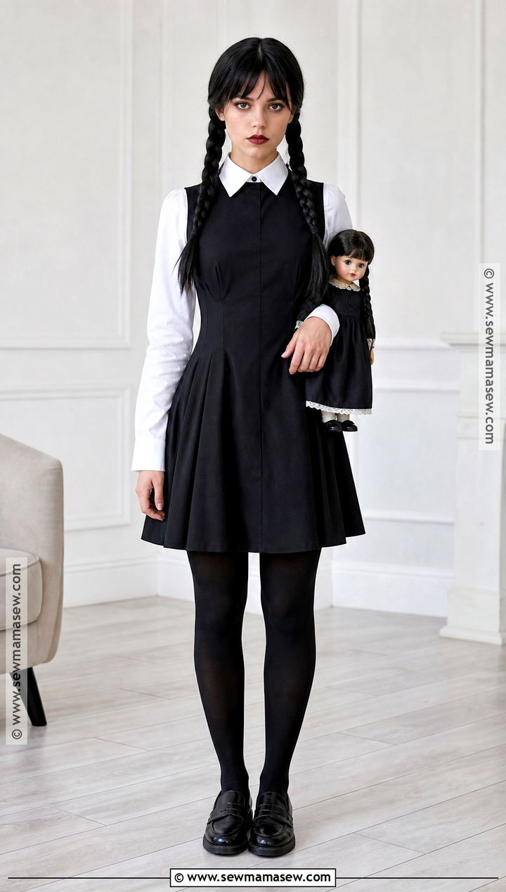 Wednesday Addams Costume With White Collar - 40 black dress halloween costume ideas