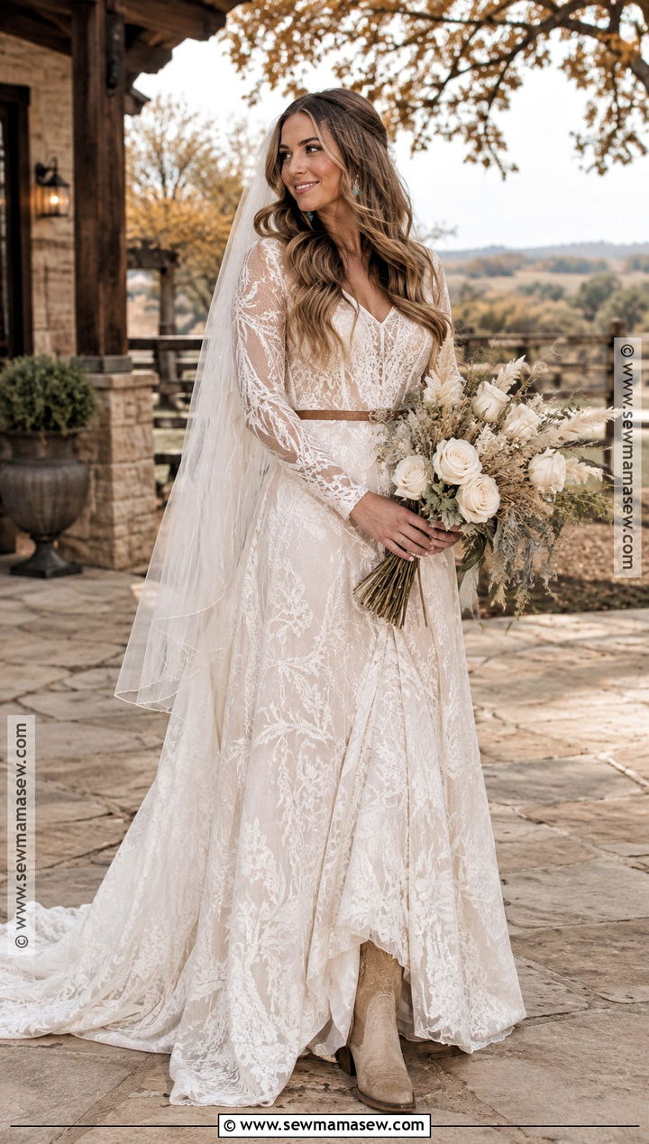 Western Boho Long Sleeve Wedding Dress - 15 boho fall wedding dress long sleeve ideas