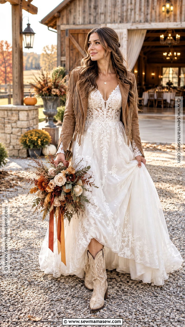 Western Boho Wedding Dress With Cowboy Boots - 15 boho wedding dress fall ideas