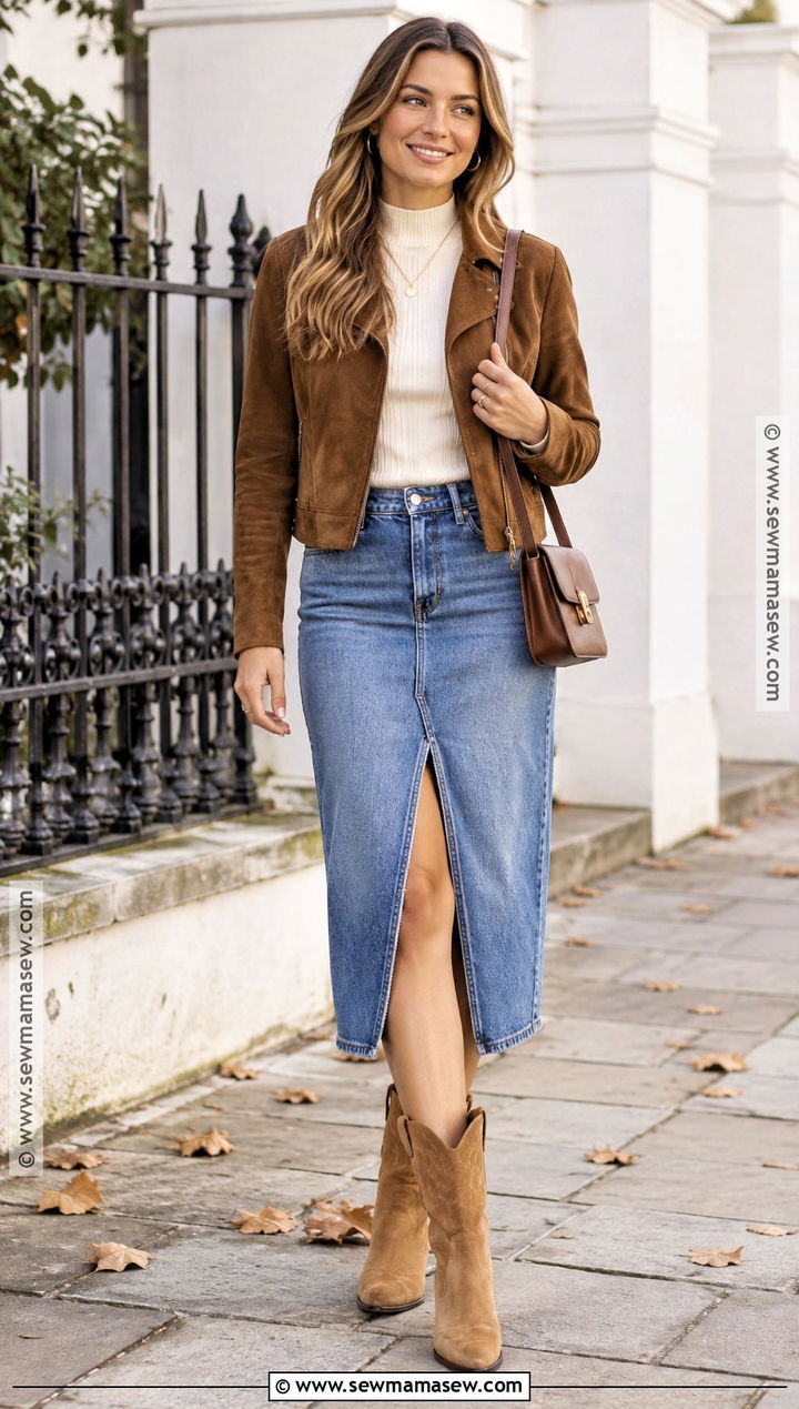 Western Boot Outfit With Denim Midi Skirt - 15 autumn shoe collection ideas