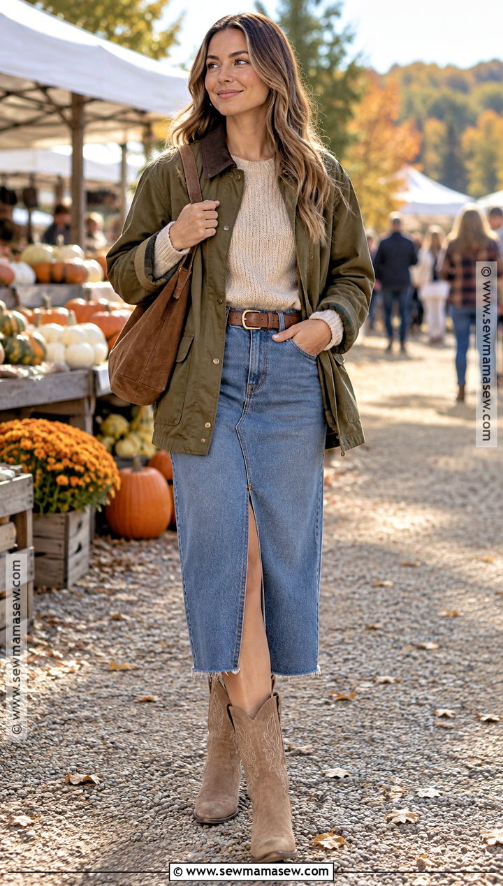 Western Boots With Denim Midi Skirt And Knit Sweater - 25 autumn boots outfit