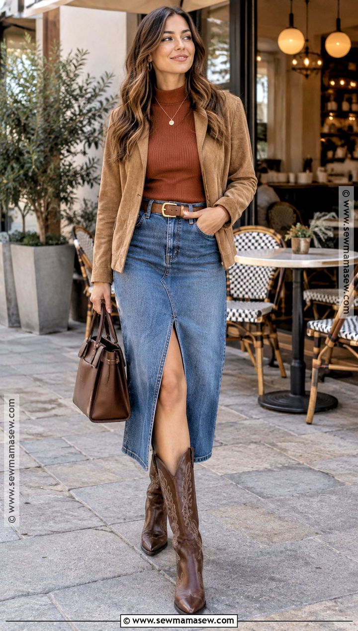 Western Boots With Denim Midi Skirt and Knit Sweater - 15 fall winter boot outfits