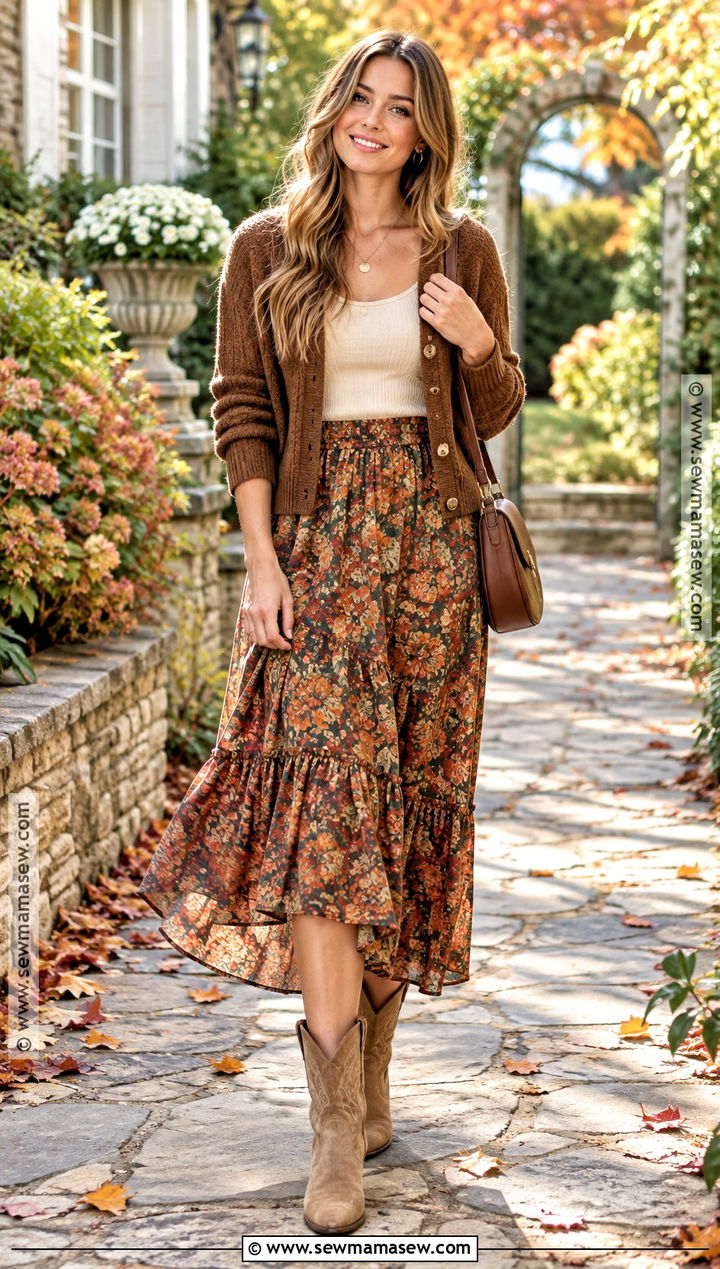 Western Boots With Floral Midi Skirt And Cardigan - 20 boots autumn outfit