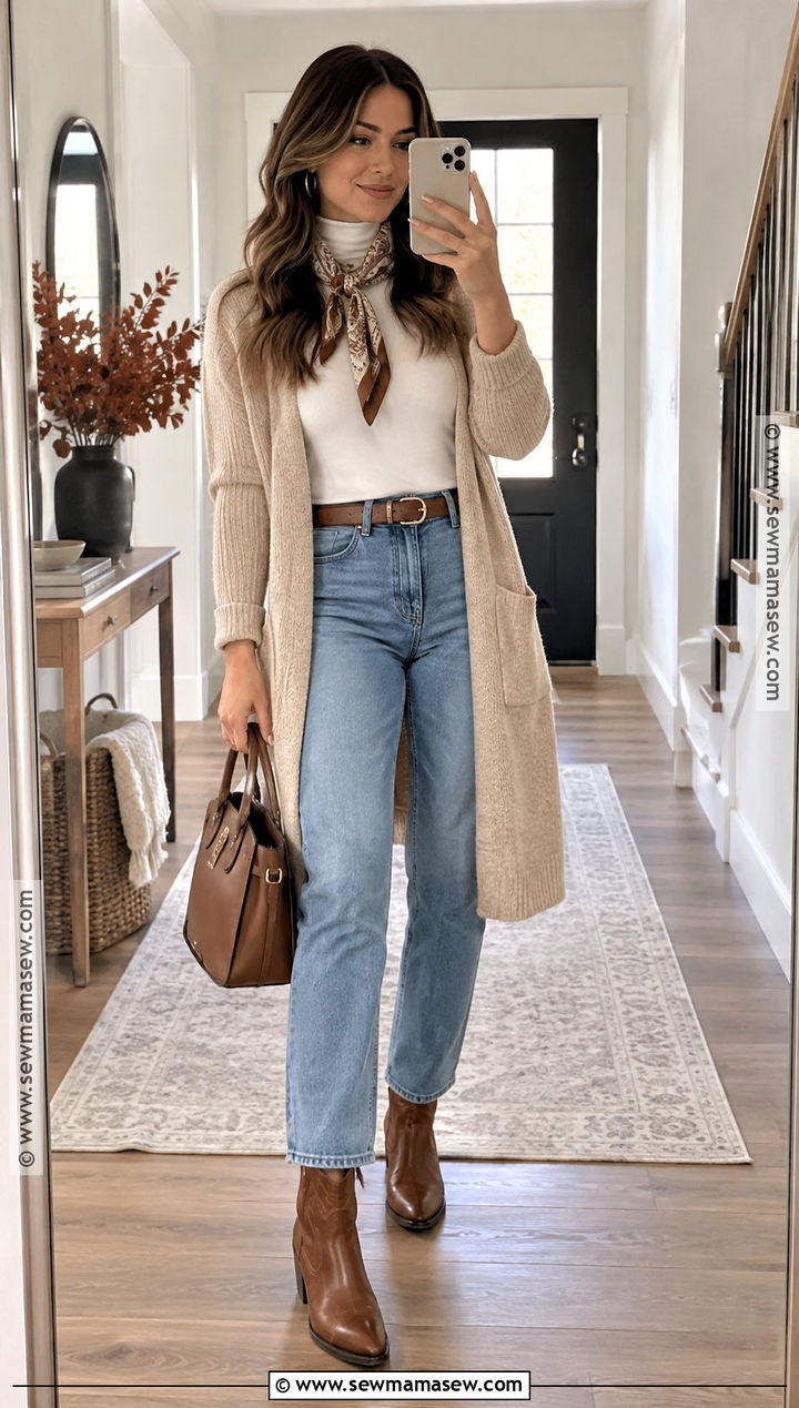 Western Boots With Long Cardigan And Jeans - 20 western boots outfit fall